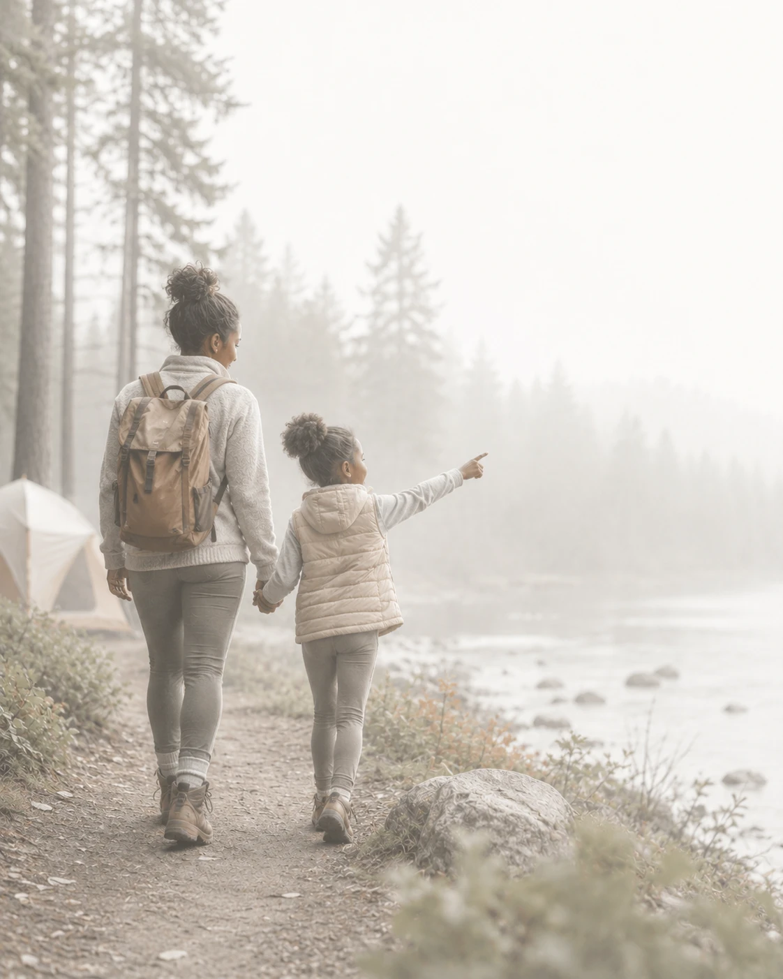 mom and daughter walking on camping trail